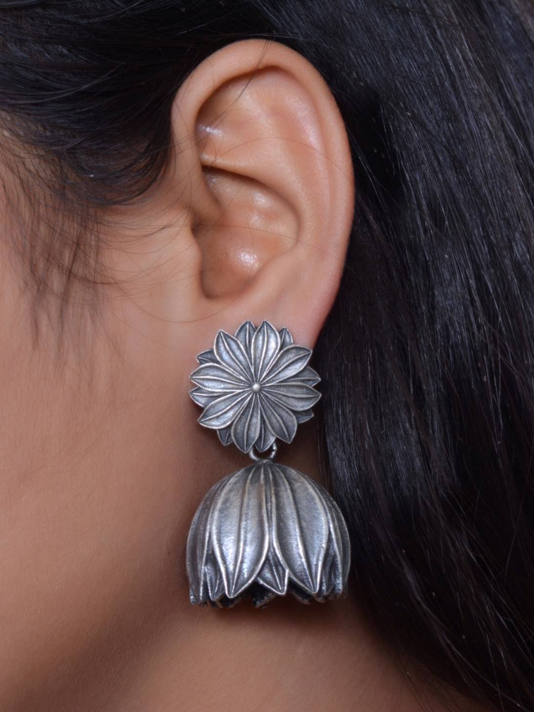 Floral  Oxidized Lotus Jhumka Earrings | Sarichka Fashion