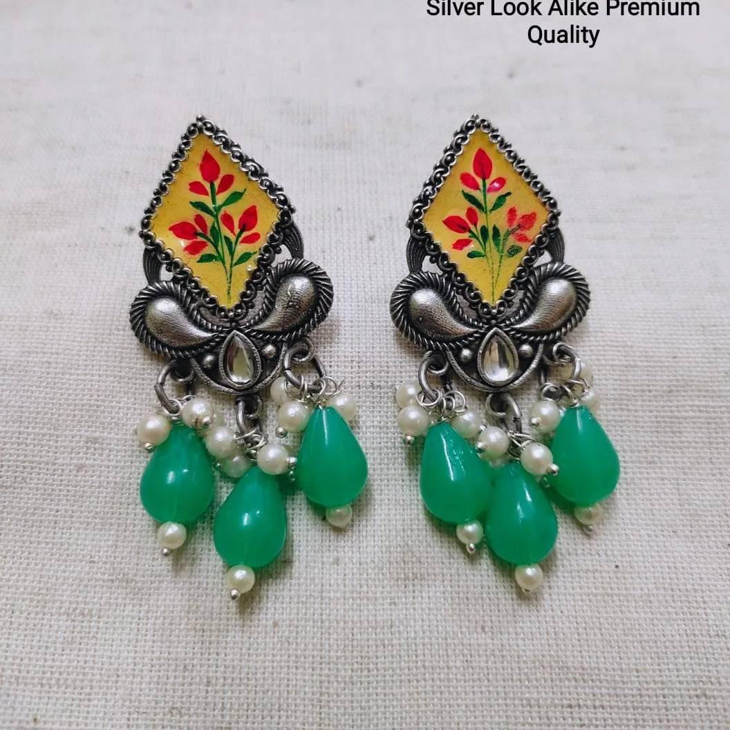 Diamond Shaped Enamel Earring with Pearl and Monalisa Beads | Sarichka