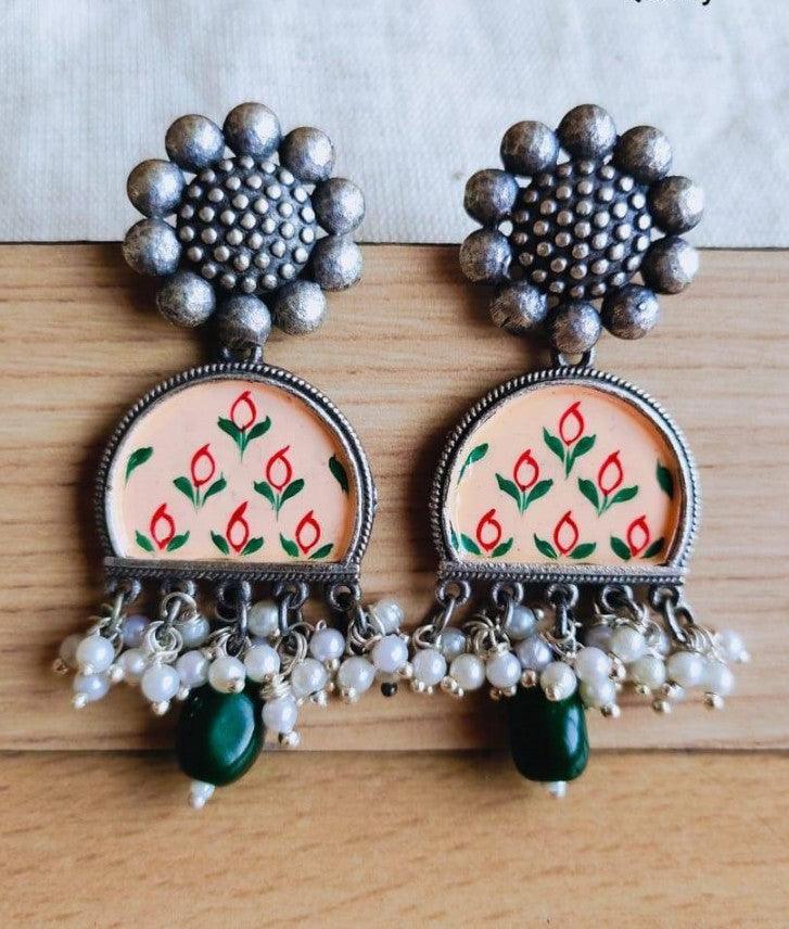 D Shaped Enamel Painting Earrings with Pearl and Monalisa Beads | Sarichka
