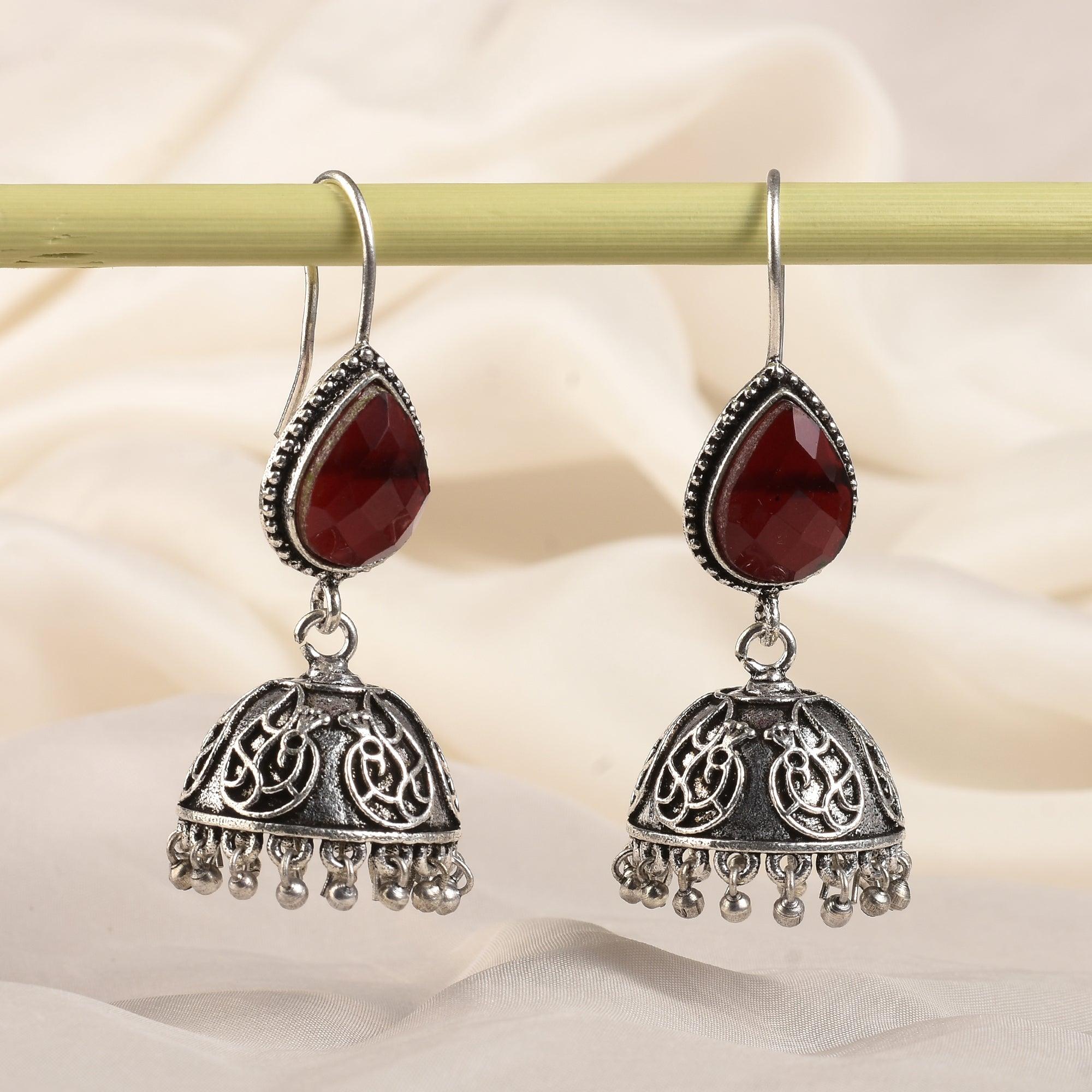Oxidised maroon stone jhumki earrings