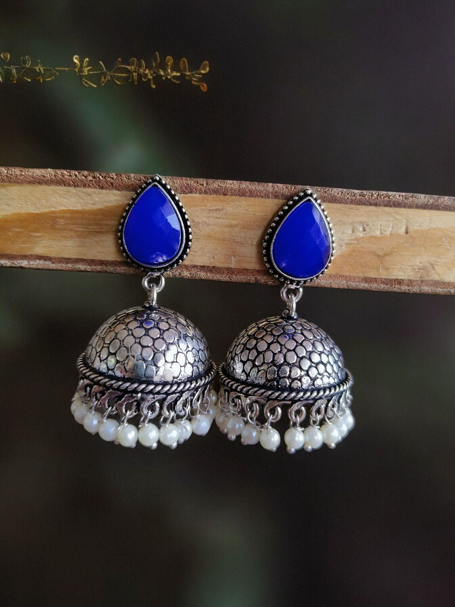 German Silver Oxidised Pan Pearl Jhumka Earrings for Tradition | Sarichka