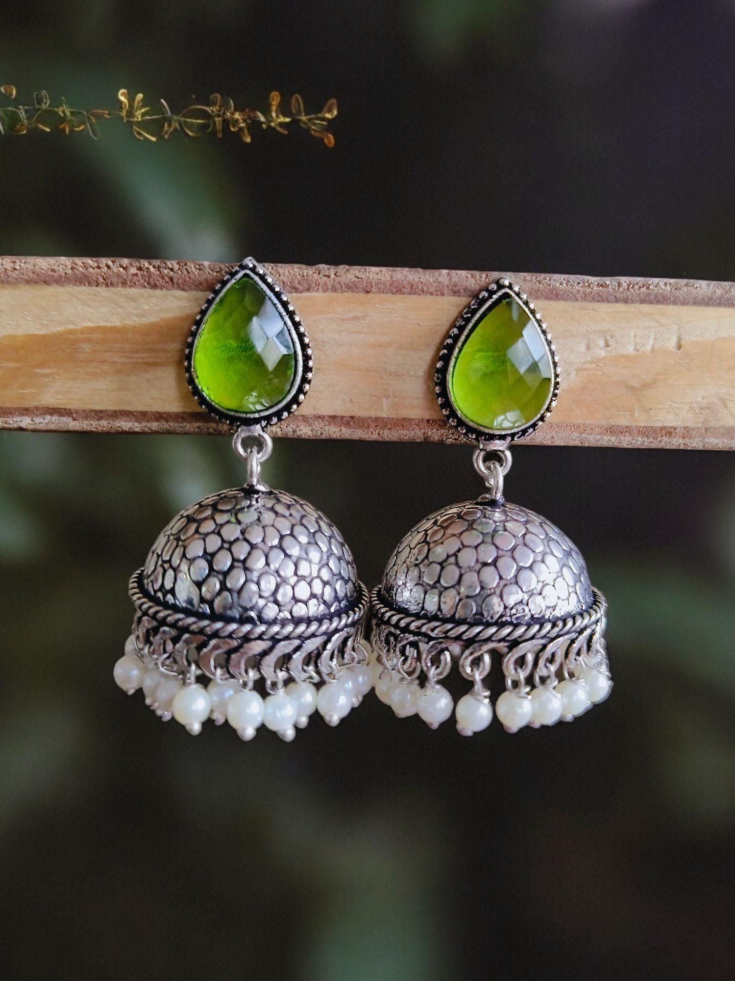 German Silver Oxidised Pan Pearl Jhumka Earrings for Tradition | Sarichka