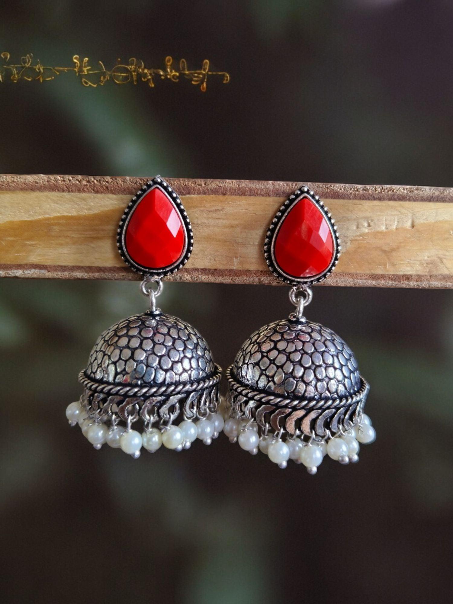 German Silver Oxidised Pan Pearl Jhumka Earrings for Tradition | Sarichka