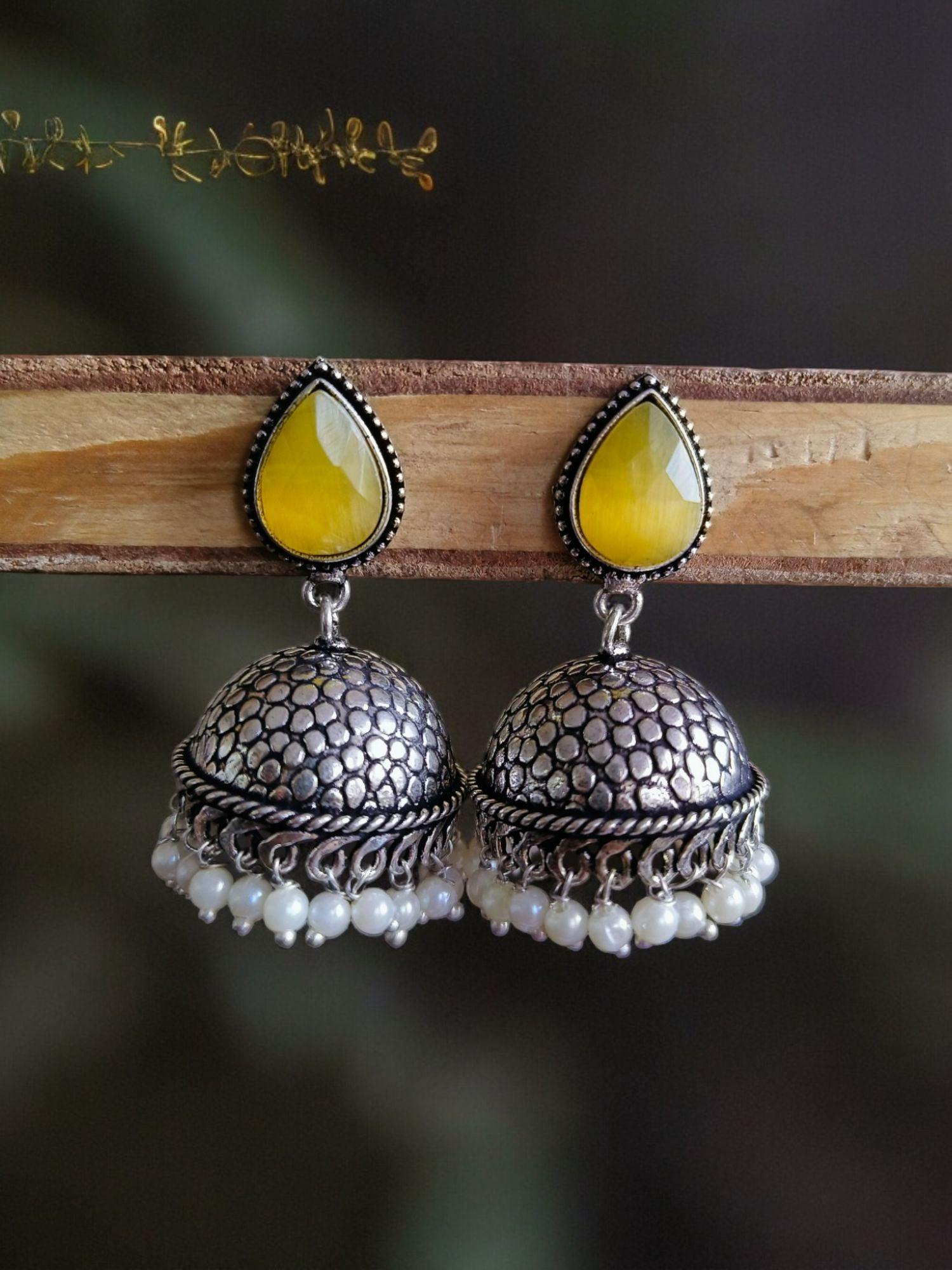 German Silver Oxidised Pan Pearl Jhumka Earrings for Tradition | Sarichka