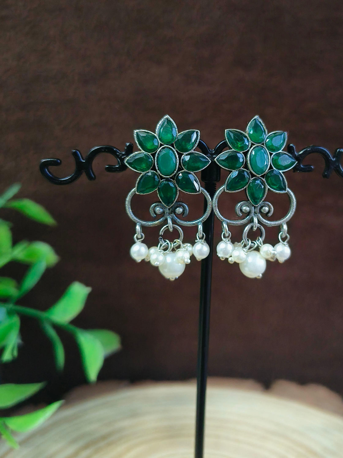 Floral Pearl Oxidised Stud Earrings | Sarichka