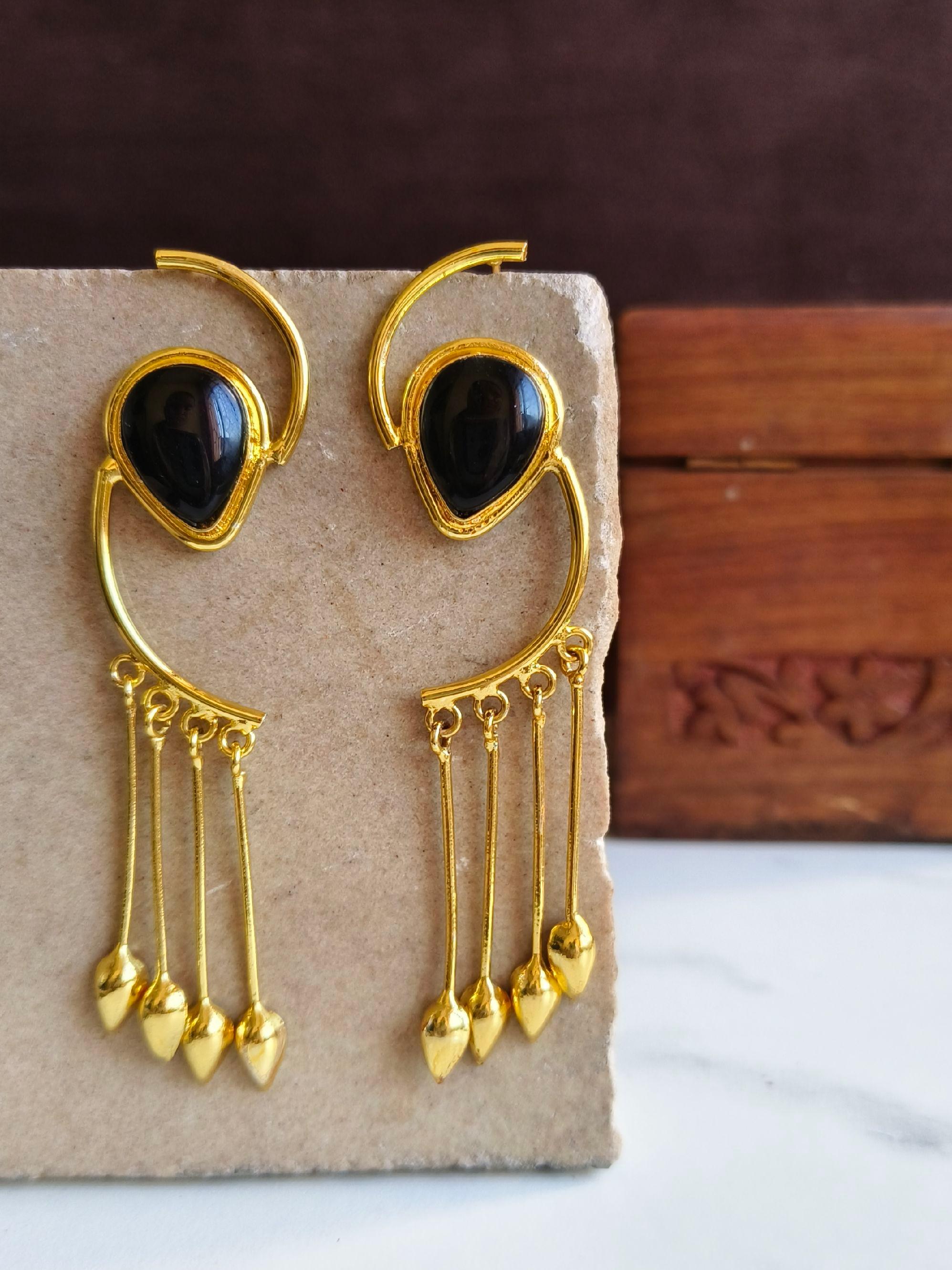 Golden Handmade Long Dangler Earrings with Monalisa Stone | Sarichka