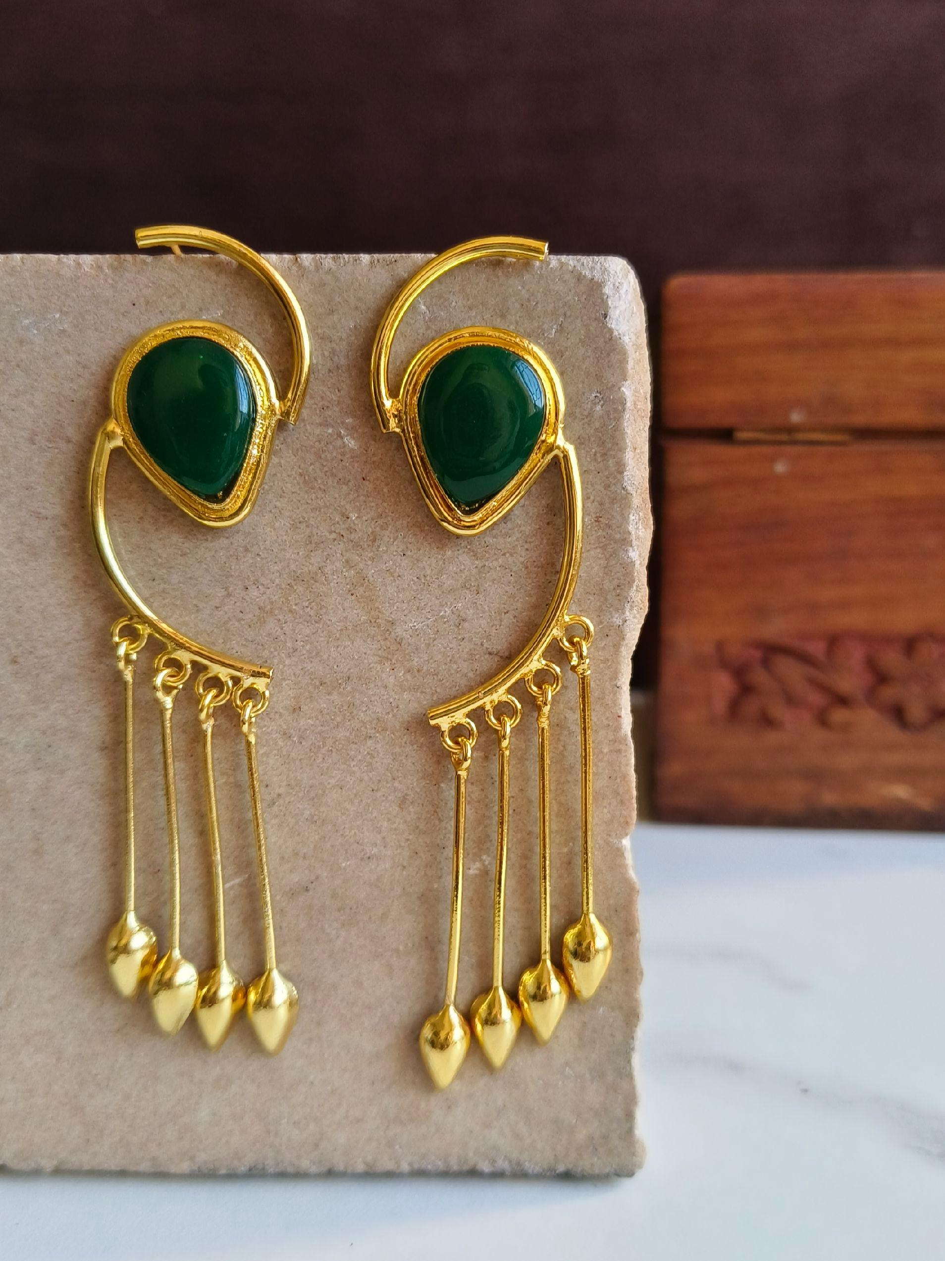 Golden Handmade Long Dangler Earrings with Monalisa Stone | Sarichka
