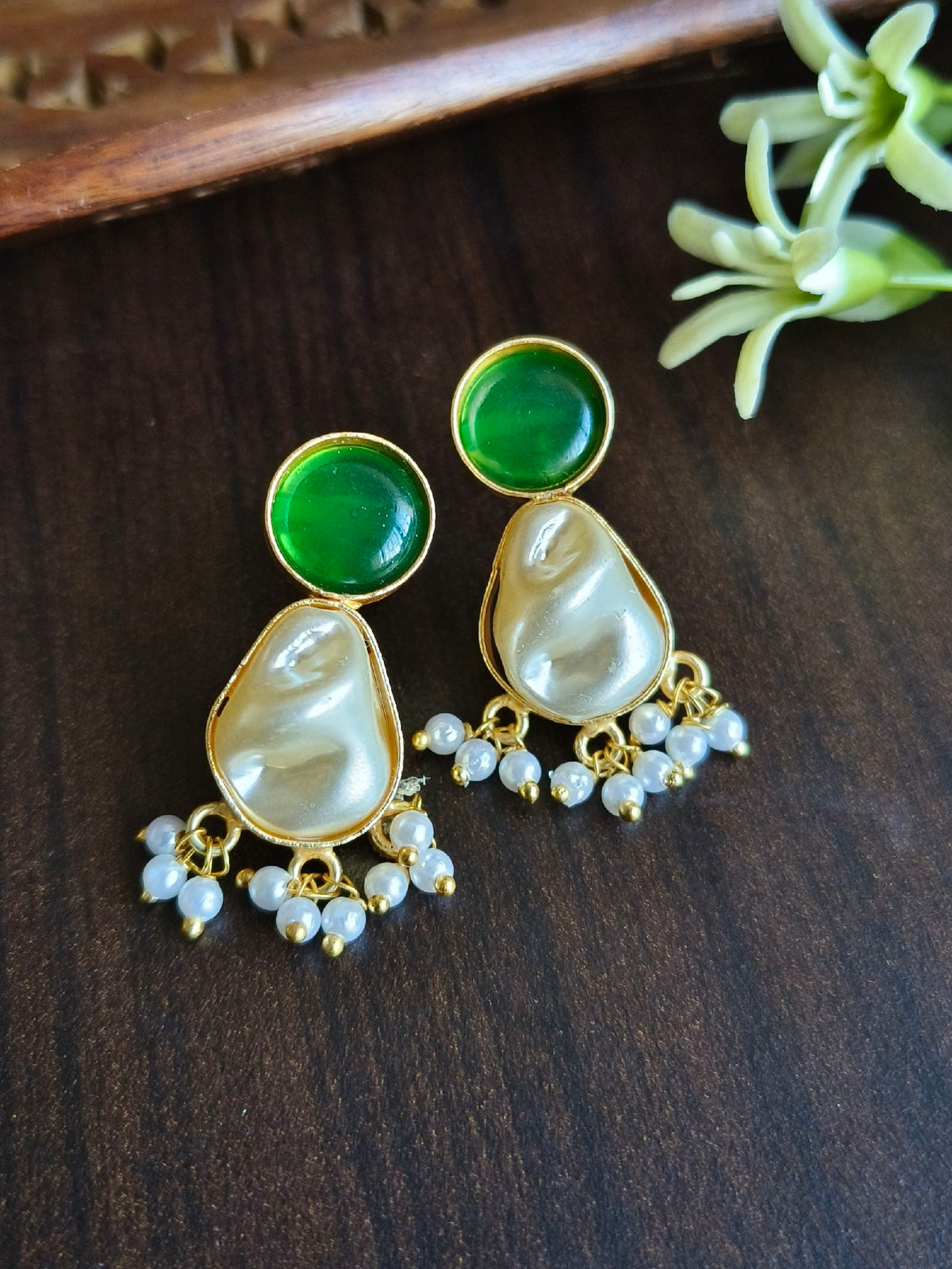 Gold Plated Earring with Pearl and Monalisa Stone | Sarichka