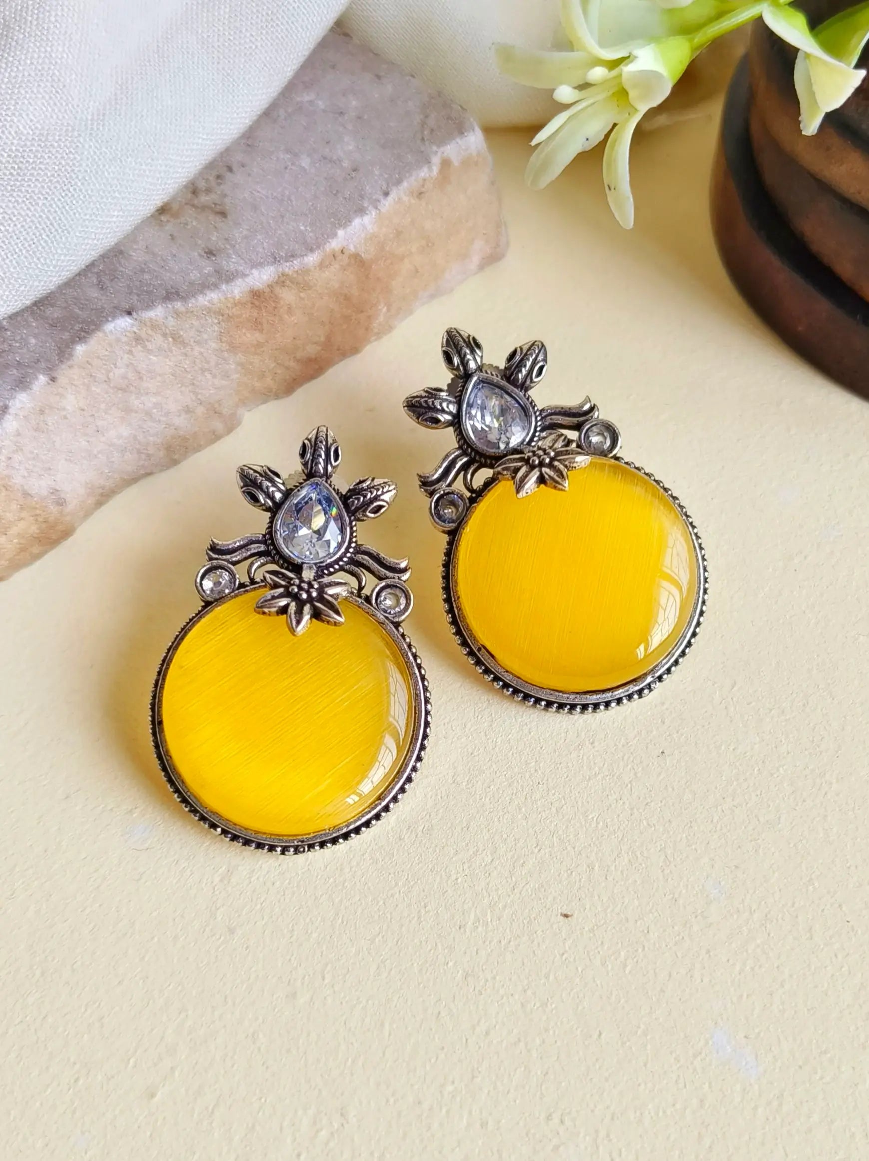 Oxidised Premium Monalisa Stone Stud Earrings for Casual Wear | Sarichka