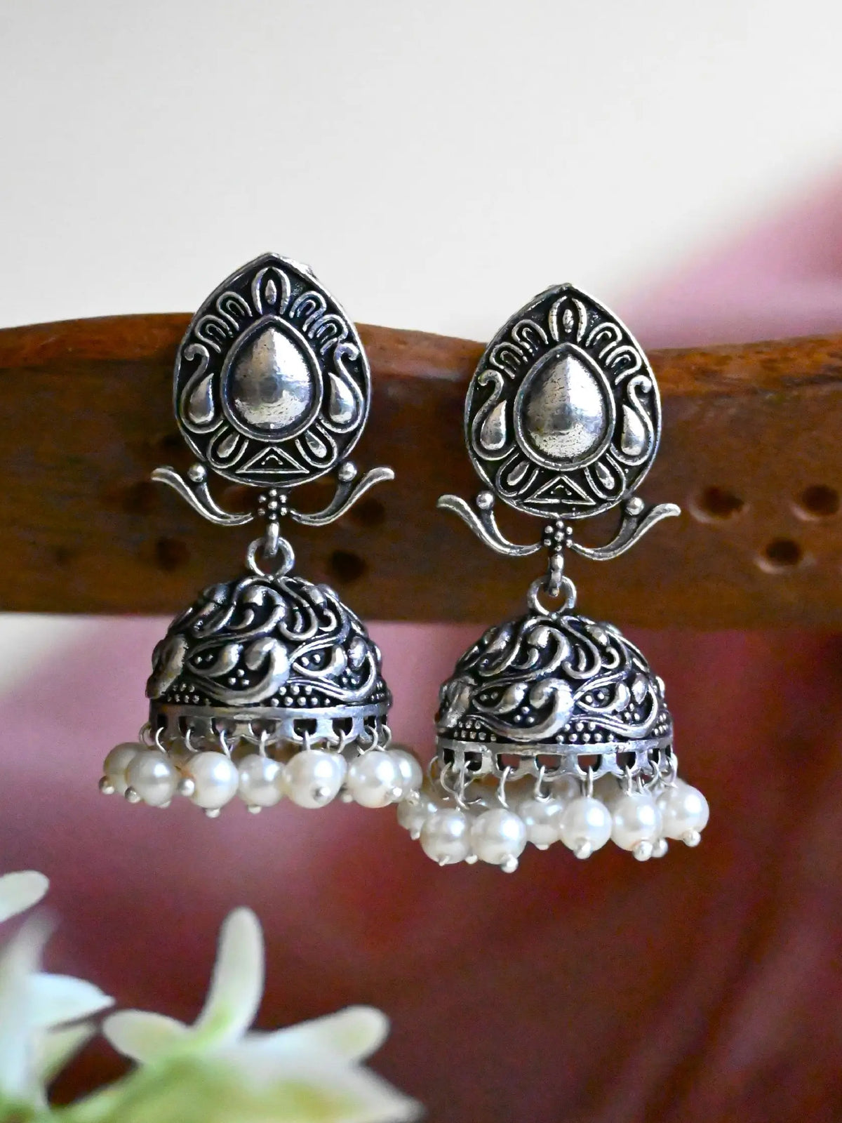 Elegant German Silver Pearl Jhumka Earrings with Intricate Floral Design | Sarichka