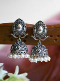 Elegant German Silver Pearl Jhumka Earrings with Intricate Floral Design | Sarichka