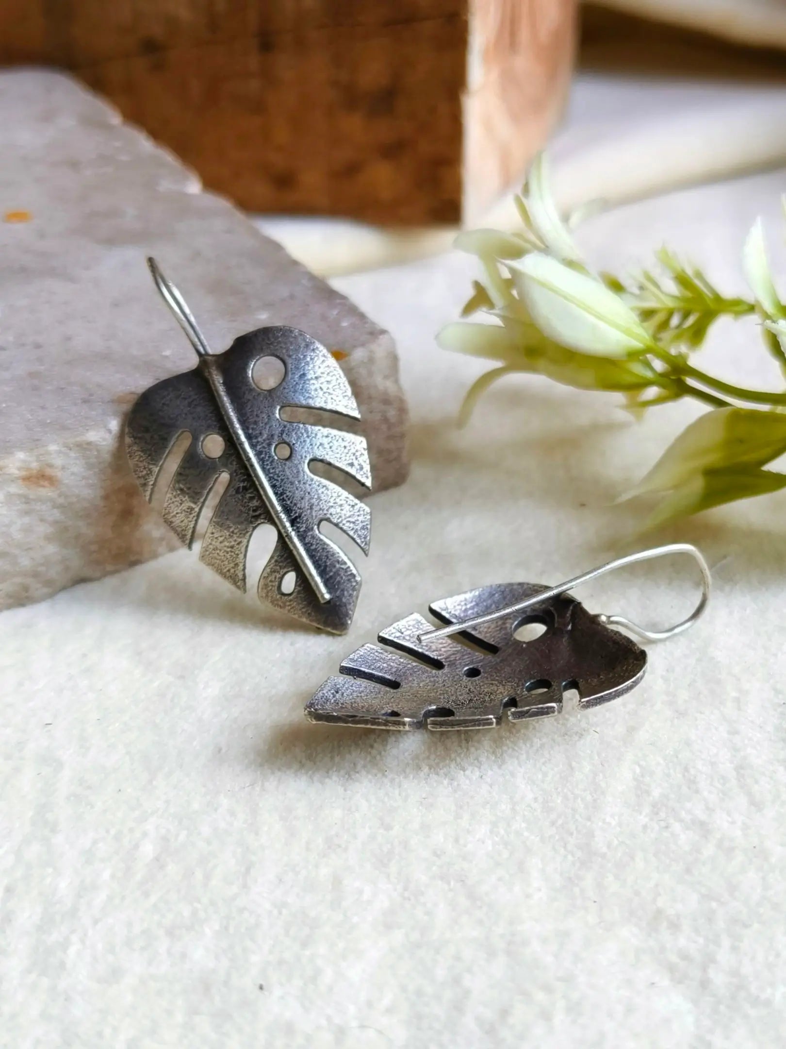 Elegant Silver Pan Leaf Hook Earrings | Sarichka
