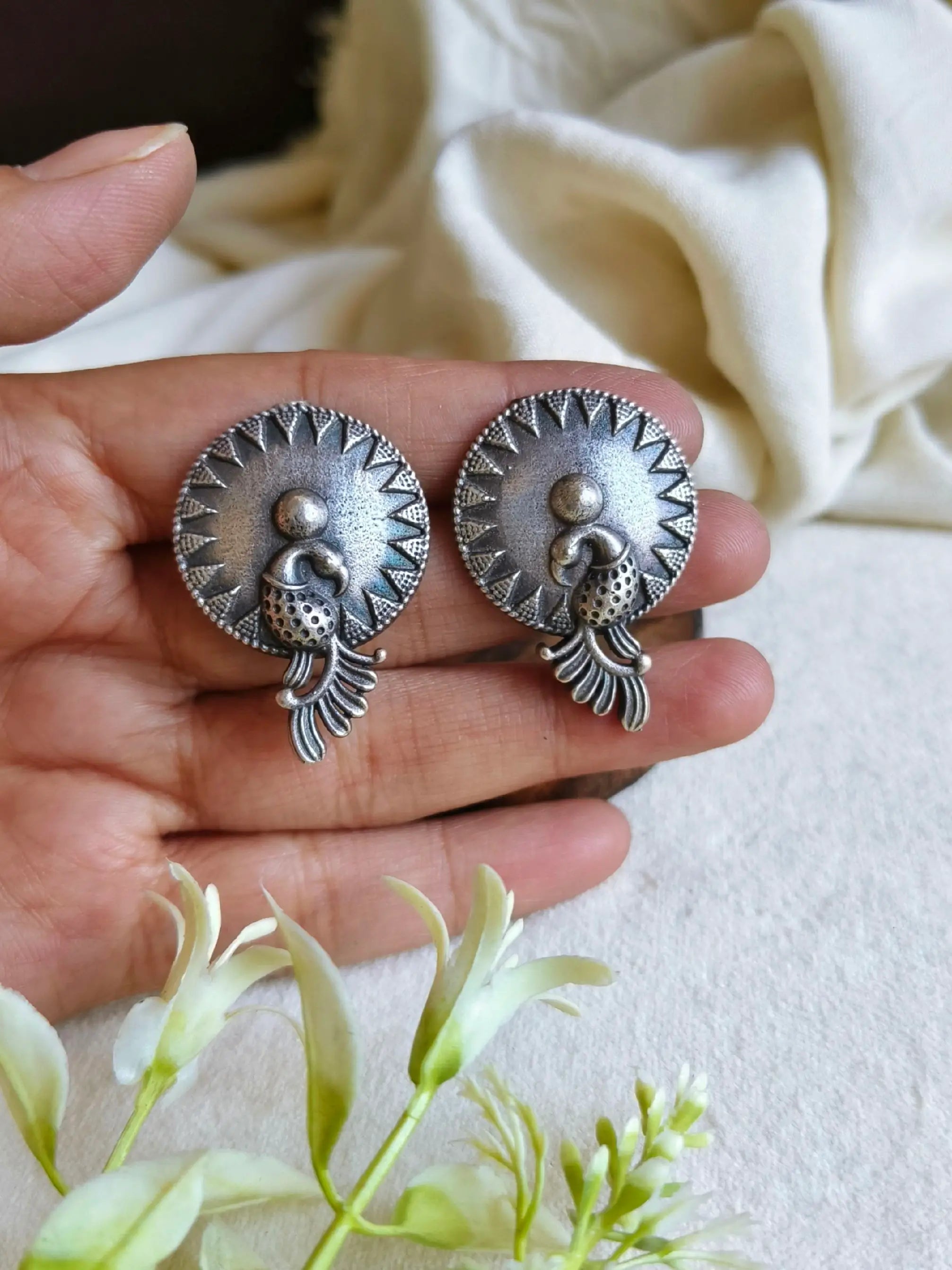 Elegant Silver Peacock Stud Earrings | Sarichka