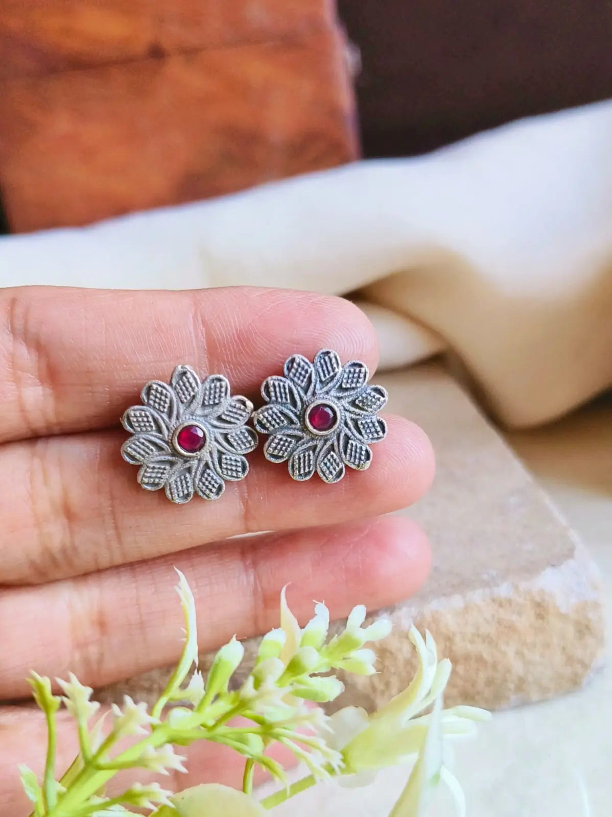 Silver Polish Oxidized Floral Stud Earrings for Casual Chic | Sarichka