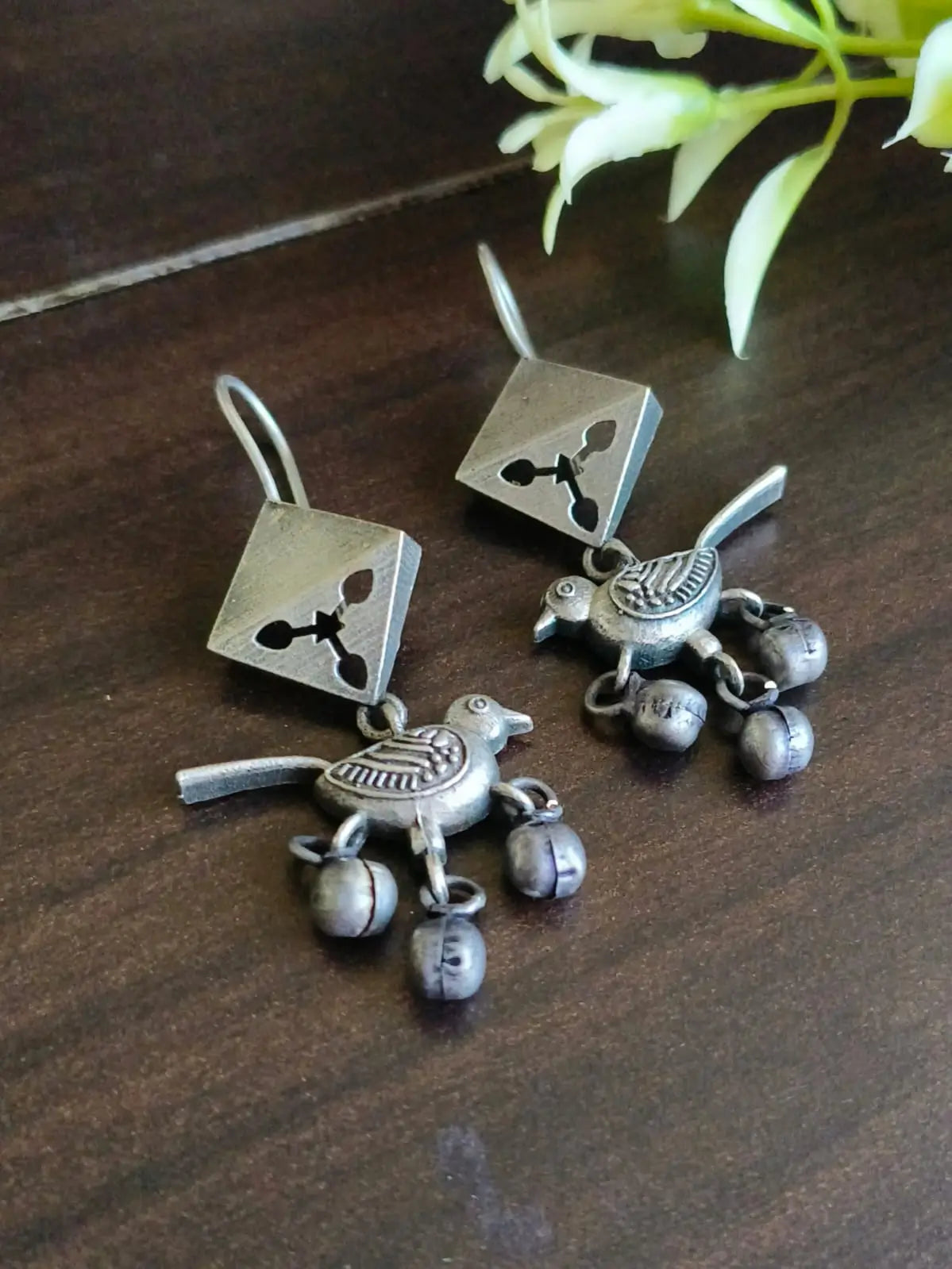 Silver Oxidised Bird Hook Earrings with Metal Ghungroos | Sarichka