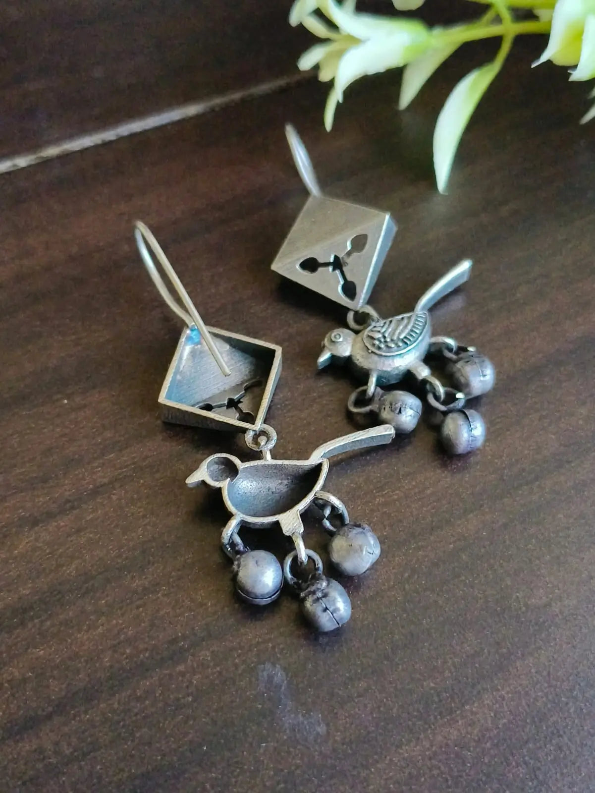 Silver Oxidised Bird Hook Earrings with Metal Ghungroos | Sarichka