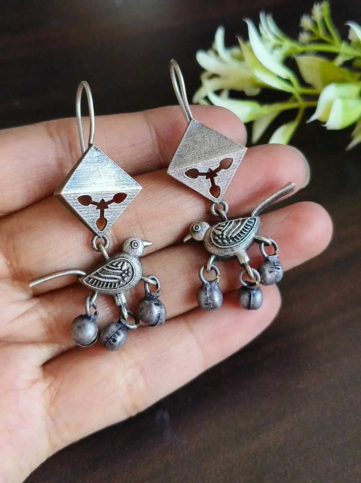 Silver Oxidised Bird Hook Earrings with Metal Ghungroos | Sarichka