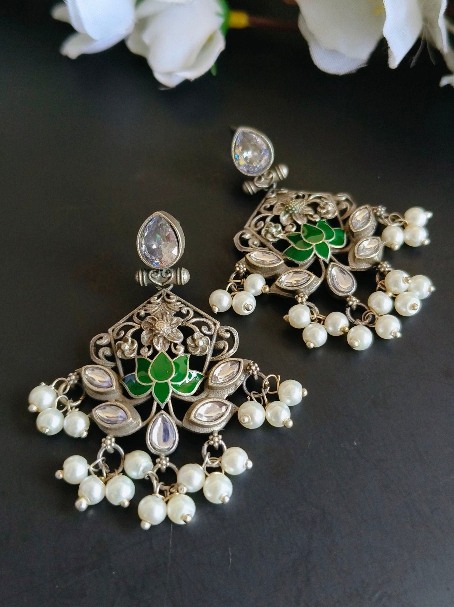 Clustered Pearl Oxidised Silver Earrings | Sarichka - Sarichka FashionSarichka Fashion
