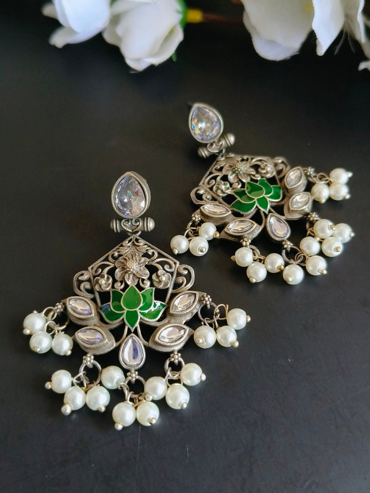 Clustered Pearl Oxidised Silver Earrings | Sarichka - Sarichka FashionSarichka Fashion